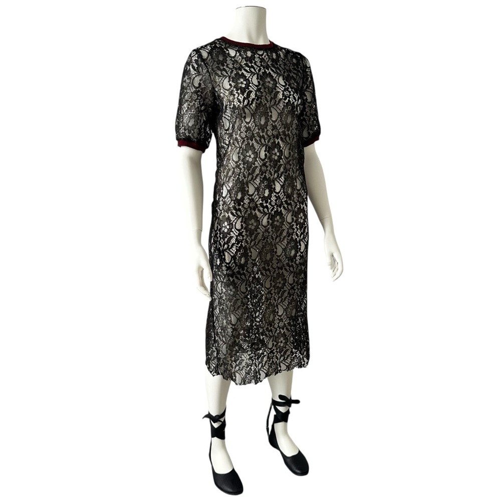 Zara Black Lace Midi Dress with Burgundy Trim size S